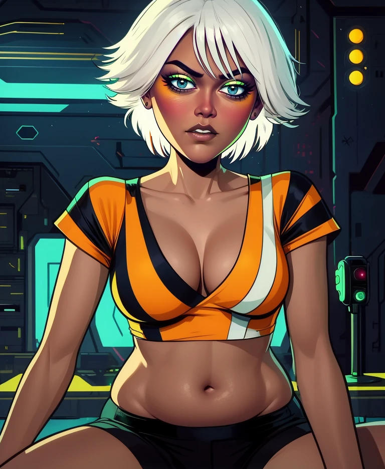 Gaz,white hair,black eyes,short hair,green eyeshadow,white lipstick,
orange striped shirt,cleavage,midriff,
sitting,belly,
science fiction,neon lights,bar,
(insanely detailed, beautiful detailed face, masterpiece, beautiful detailed eyes, best quality),solo,<lora:GazDigzy:0.8>,