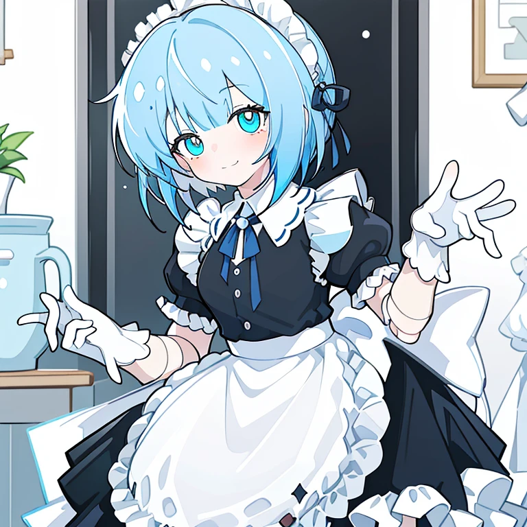 aged up, 1girl,blue hair,blue eyes,solo,joints,maid,doll joints,apron,smile,gloves,short hair,maid headdress,white gloves,dress,blush,ribbon,short sleeves,black dress,maid apron,closed mouth,bangs,frills,puffy sleeves,puffy short sleeves,white apron,<lora:xiaoyezi_lion-0000010:1>,