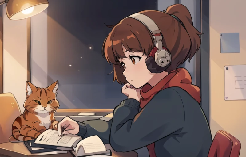 <lora:LofiGirlv2:.8>, 1girl, solo, from side,brown_hair,ponytail,headphones,red scarf, studying, on a desk,orange cat in background,