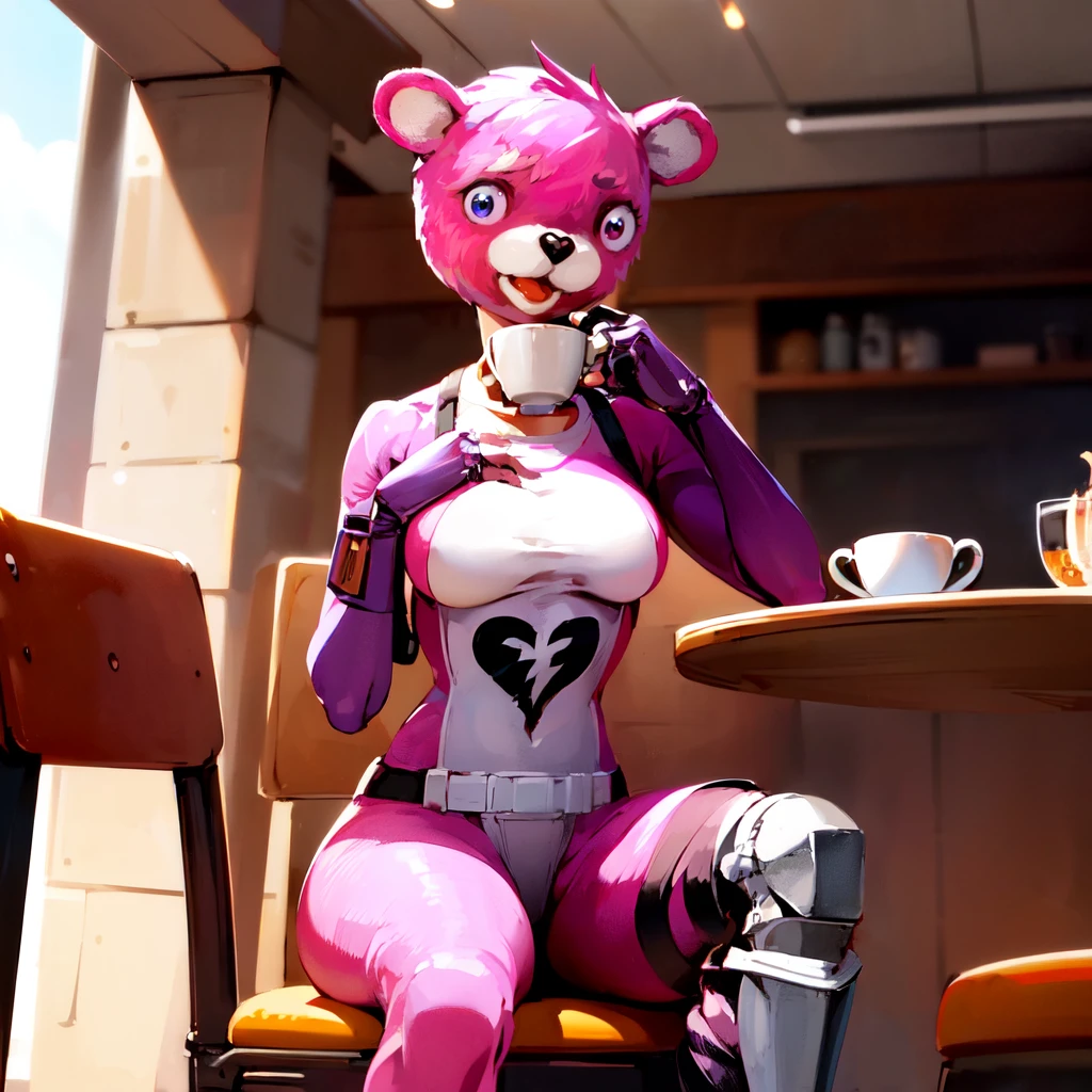 (upper body, sitting in a cafe holding a cup of tea), beautiful eyes, beautiful girl, high detail skin, high detail eyes, high detail hair, highres, ultra detailed, sharpen picture, Highly detailed, masterpiece, best quality, photorealistic, <lora:CuddleBearLoRA:0.8> cuddlebear, outfit, gloves, knee armor, shoes,