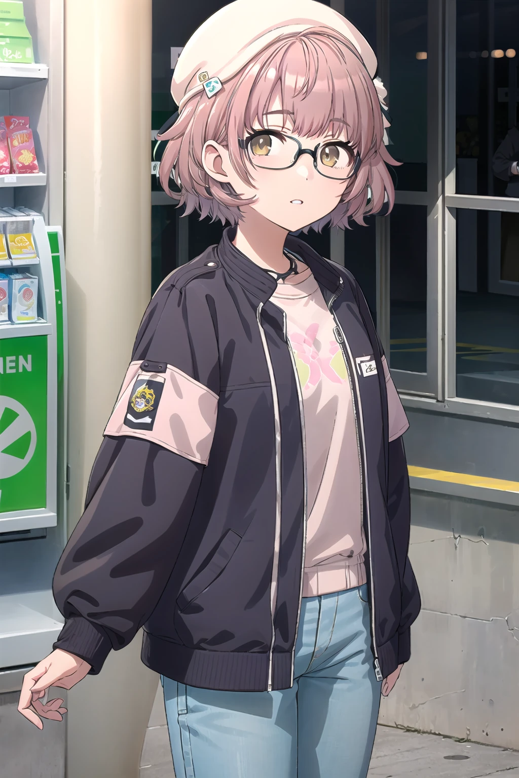 h_ikuta, 1girl, short hair, pink hair, brown hair, yellow eyes, virtual youtuber, convenience store, looking at viewer, parted lips, bangs, jacket, standing, long sleeves, black jacket,
glasses, hat, denim pants <lora:h_ikuta:1>