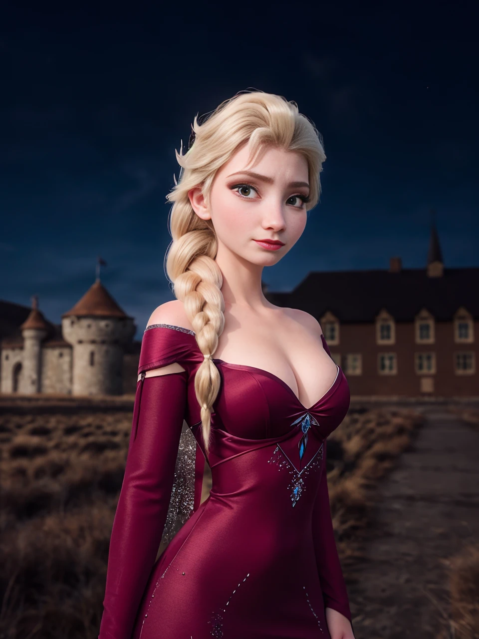 cinematic photo Frozen a 19 year old woman, (),(elsa-frzn:1.2), outside castle, medium breasts, single braid hair, white natural pubic hair, (dress), <lora:elsa-frzn-v1.1-000003:1> . Animated, fairytale, ice magic, highly detailed . 35mm photograph, film, bokeh, professional, 4k, highly detailed