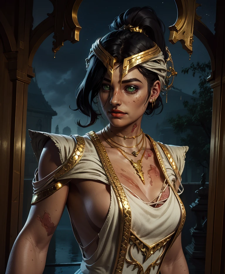 theplague,black hair,green eyes,ponytail,
jewelry,necklace,white dress,helmet,gold trim,injury,cleavage,
standing,upper body,
night,temple,
(insanely detailed, beautiful detailed face, masterpiece, best quality),solo,<lora:theplague:0.8>,