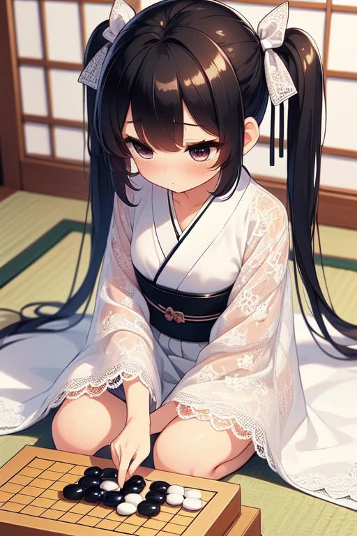 (((masterpiece))),  (((best quality))),  go weiqi,  putting down chess piece,  large square chessboard,  ((white lace kimono)),  hand on floor in tatami room,  backyard,  big tits,  ribbon,  twintails,  petite figure proportion,  shy,  blush,<lora:EMS-256052-EMS:1.000000>