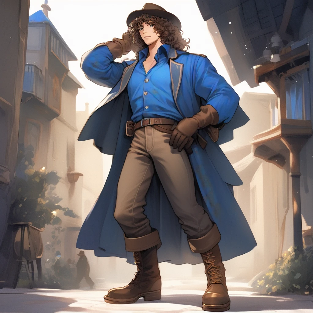 solo, male, blue eyes, long wavy curly brown hair, blue overhauls, brown boots, gloves