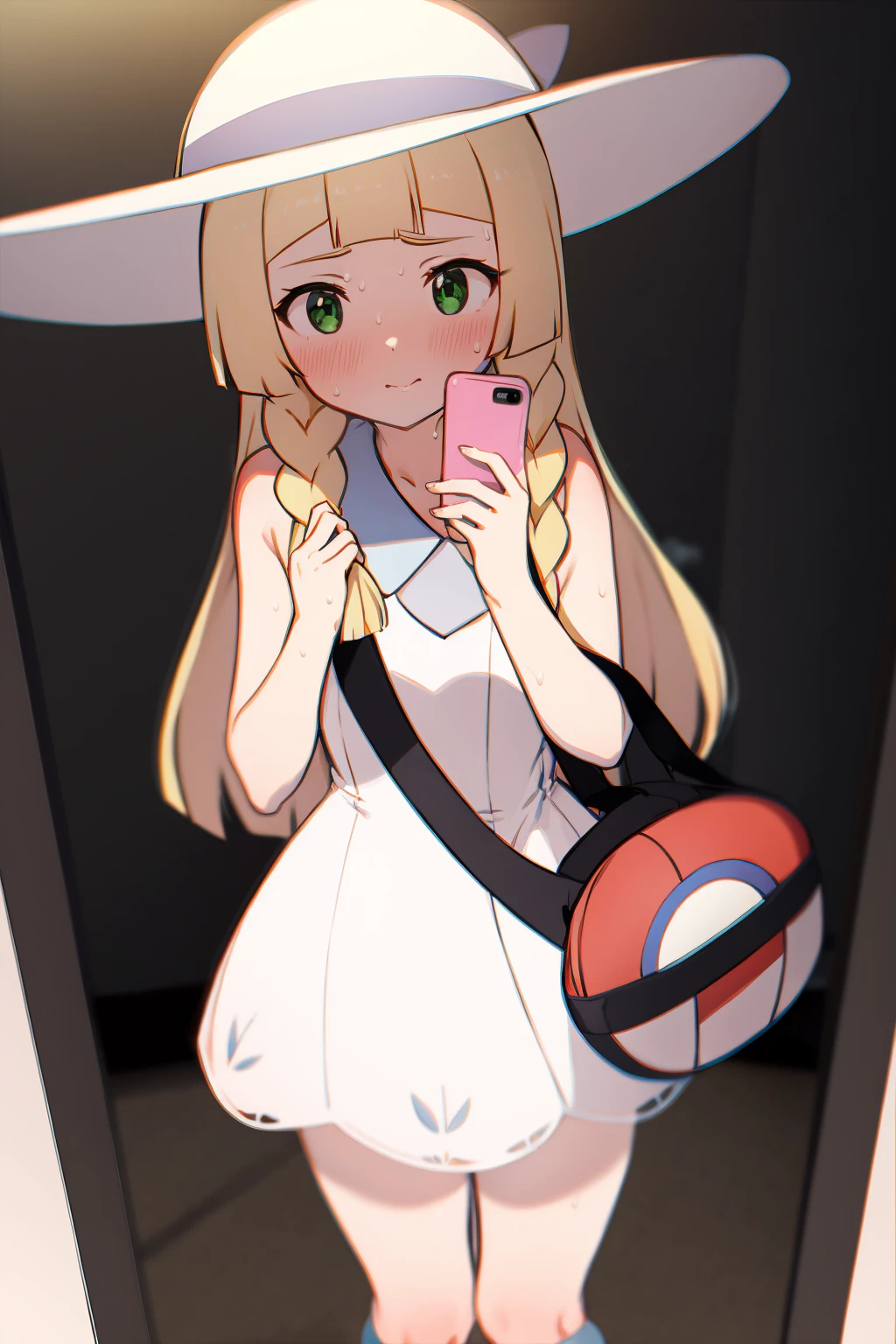 masterpiece, best quality, <lora:lillie:1>,lillie (pokemon), dress, green eyes, blonde hair, hat, long hair, white dress, blush, 1girl, white headwear, selfie, braid, twin braids, sun hat, sleeveless dress, bangs, bag, sleeveless, phone screen, looking at viewer, collared dress, closed mouth, blunt bangs, socks, sweat, standing, solo focus