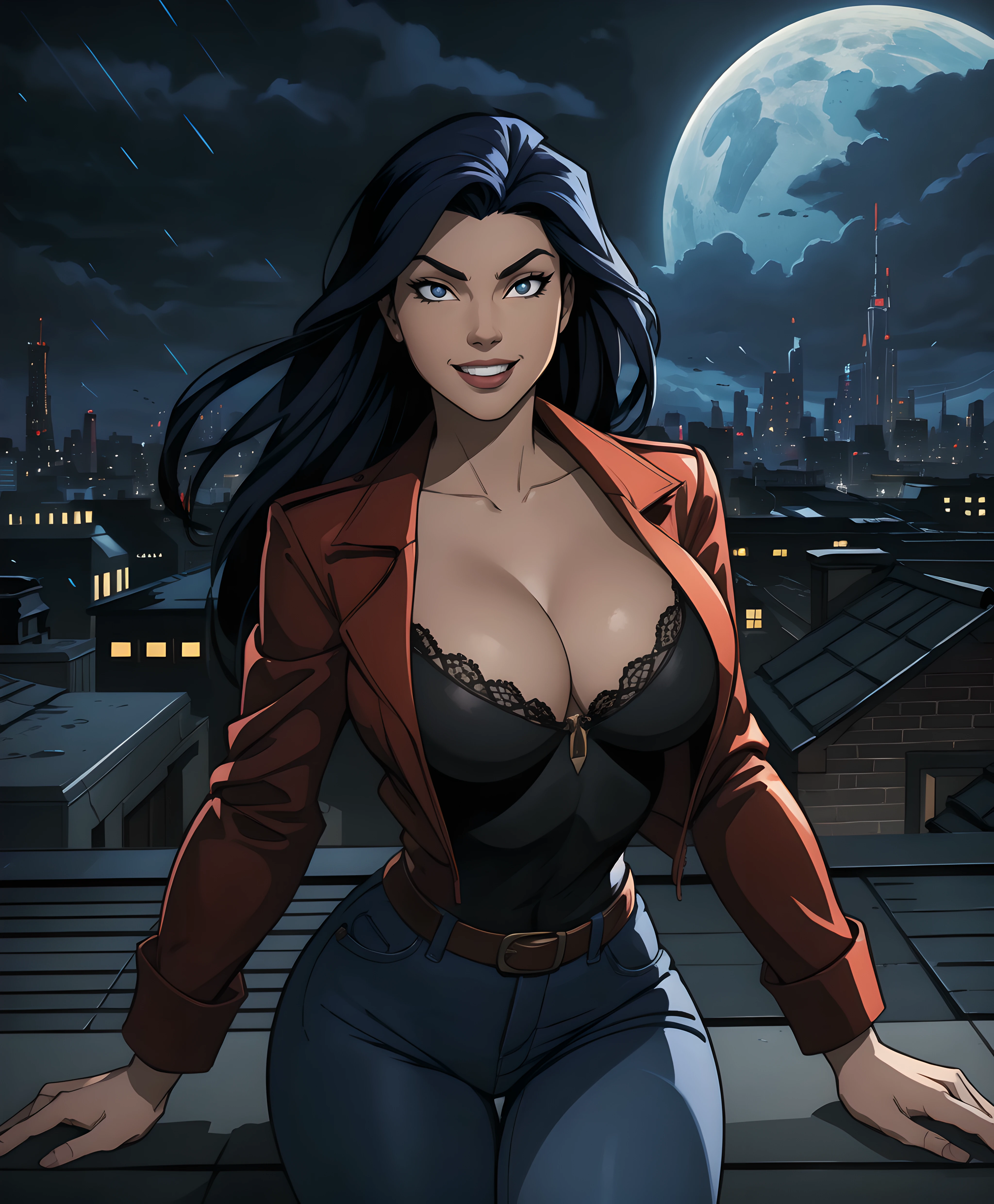 elisa_maza, (masterpiece:1.4),(best quality:1.4),(highres:1.4),absurdres, intricate details,(highly detailed skin:1.2), 1girl, solo, red jacket, jeans,black boots, smile, large breasts, cleavage,
(movie composition), amazing composition, depth of field, indirect lighting, ambient lighting, (random colors), (dynamic colors), (dynamic weather), upper body,
outdoors, night, night_sky, rooftop, gargoyle statue,
<lora:Elisa_v01-000001:0.75>