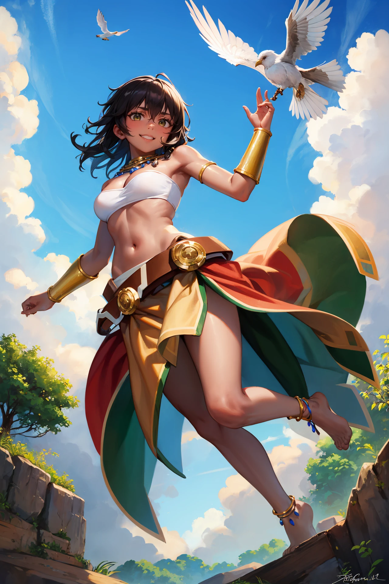 masterpiece, best quality, <lora:tiona-nvwls-v1-000009:0.9> tiona hiryute, dark skin, necklace, white bandeau, belt, sarong, bracer, anklet, (from below:1.4), jumping, dynamic pose, sky, clouds, midair, grin, cleavage, birds, looking at viewer