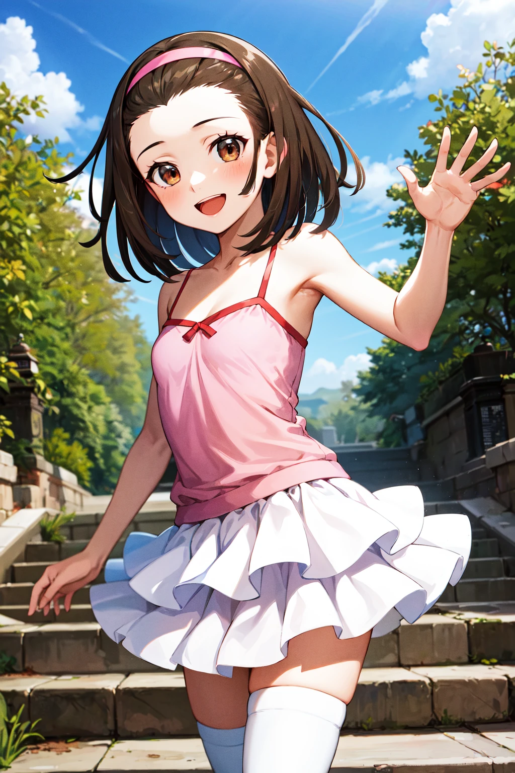 masterpiece, best quality, highres, aanadeko, short hair, brown hair, hairband, forehead, brown eyes, camisole, pink shirt, frilled skirt, white skirt, white thighhighs, <lora:sengoku_nadeko_v1:0.8>, outdoors, waving, smile, open mouth, standing,