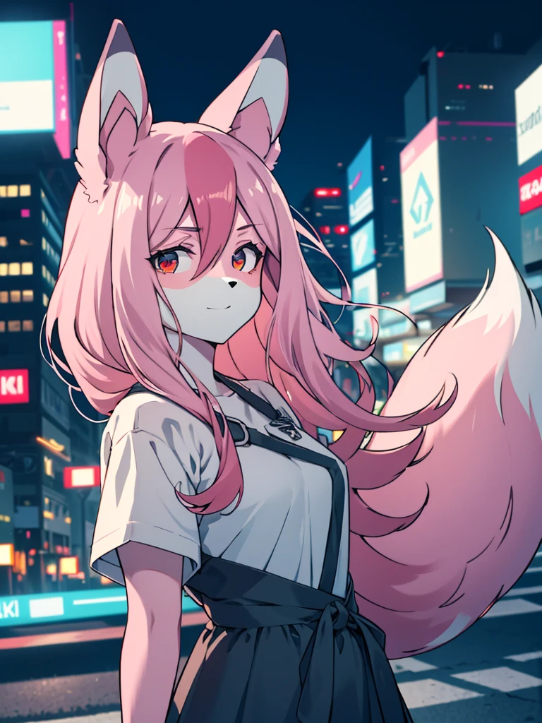 1 girl,furry,fox girl,furry female,fox ears, animal ears, nazuna_hiwatashi, pink hair,long hair, red eyes, hair between eyes, (animal nose, triangle shaped nose), (tail), (high quality, best quality, (4k), hi res, masterpiece, beautiful, high details), happy, looking at viewer, cyberpunk, city, night <lora:NazunaV2:0.8>