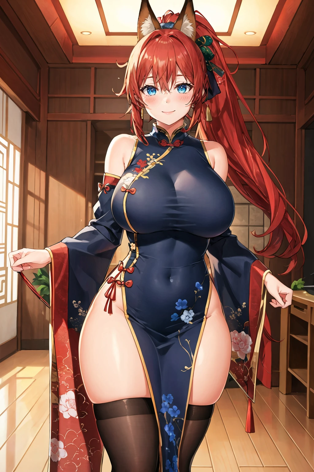 masterpiece, best quality, 1girl, standing, full body, red hair, blue eyes, (qipao:1.2), (blue chinese dress:1.2), (gigantic breasts:1.2),(wide hips:1.2),(thick thighs:1.2), black panties, black underwear ,smile,thighhighs,(blush:1.2),indoors,choker, slender waist, fox girl, fox ears, long hair, ponytail, long qipao, skintight qipao, (fully clothed:1.2) <lora:Kusana-style-000039:1>