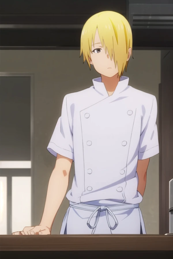 junsatou, <lora:jun satou s2-lora-nochekaiser:1>,
jun satou, blonde hair, male focus, (hair over one eye:1.5), (brown eyes:1.3),
BREAK apron, buttons, kitchen, chef,
BREAK indoors, restaurant,
BREAK looking at viewer, (cowboy shot:1.5),
BREAK <lyco:GoodHands-beta2:1>, (masterpiece:1.2), best quality, high resolution, unity 8k wallpaper, (illustration:0.8), (beautiful detailed eyes:1.6), extremely detailed face, perfect lighting, extremely detailed CG, (perfect hands, perfect anatomy),