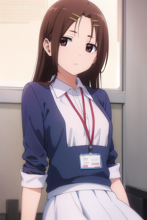 megumichihaya, <lora:megumi chihaya s1-lora-nochekaiser:1>,
megumi chihaya, long hair, brown hair, hair ornament, (brown eyes:1.5), hairclip,
BREAK skirt, shirt, white shirt, blue skirt, office lady, id card, lanyard,
BREAK indoors, office,
BREAK looking at viewer, (cowboy shot:1.5),
BREAK <lyco:GoodHands-beta2:1>, (masterpiece:1.2), best quality, high resolution, unity 8k wallpaper, (illustration:0.8), (beautiful detailed eyes:1.6), extremely detailed face, perfect lighting, extremely detailed CG, (perfect hands, perfect anatomy),