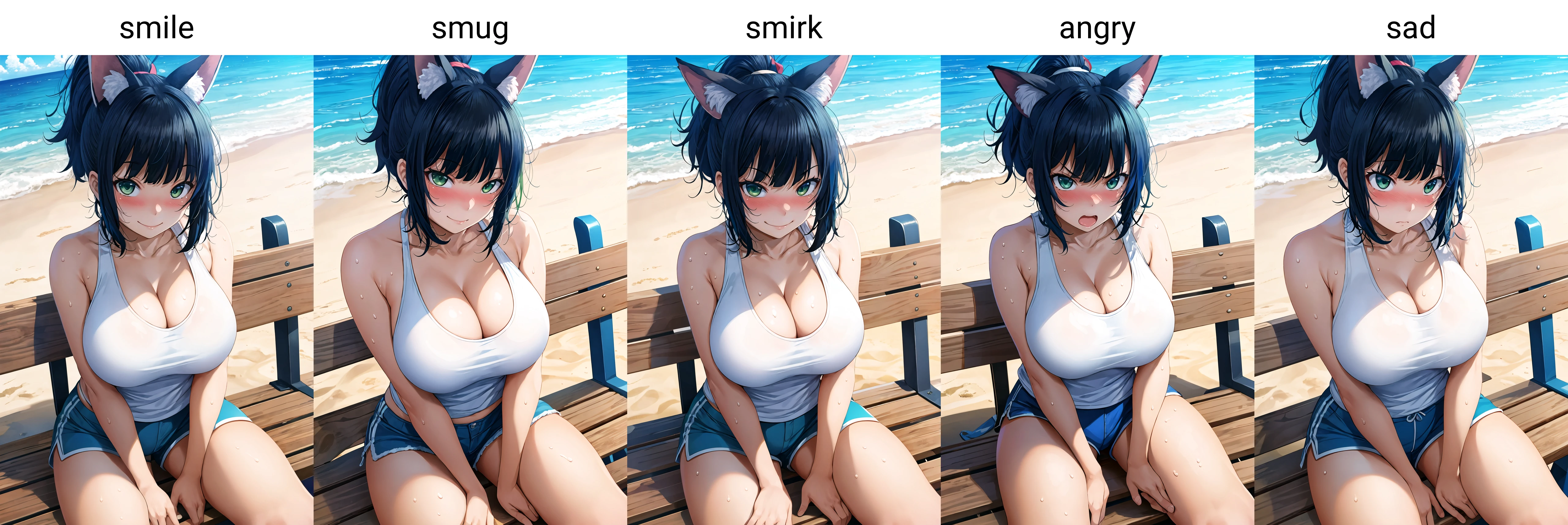 masterpiece, best quality, 1girl, solo, sitting, on bench, outdoors, beach, tank top, (white tank top:1.2), (black hair:1.2), green eyes, (smile), ponytail, blunt bangs, short hair, huge breasts, blue shorts, fox ears,  <lora:Fumihiko -Style_711320:1>