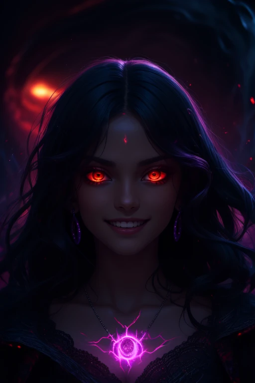 beautiful detailed portrait, dark-skinned sexy demon girl, long wavy black hair, beautiful detailed face, orange glowing eyes, devious grin, purple dark raging energy waves swirling, dark arcane magic, best quality, extemely detailed, cinematic, ((dark lighting, dark ambiance, middle of the night))