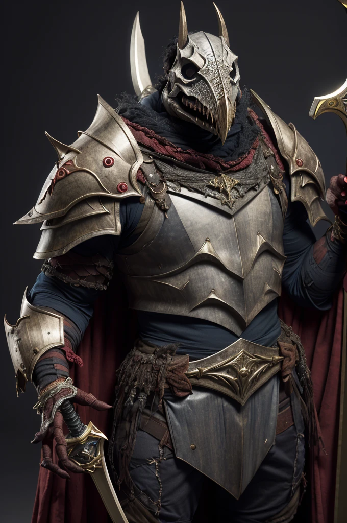 skeksil, skeksis wearing a bone mask and bone armor holding swords <lora:Skeksis:1>