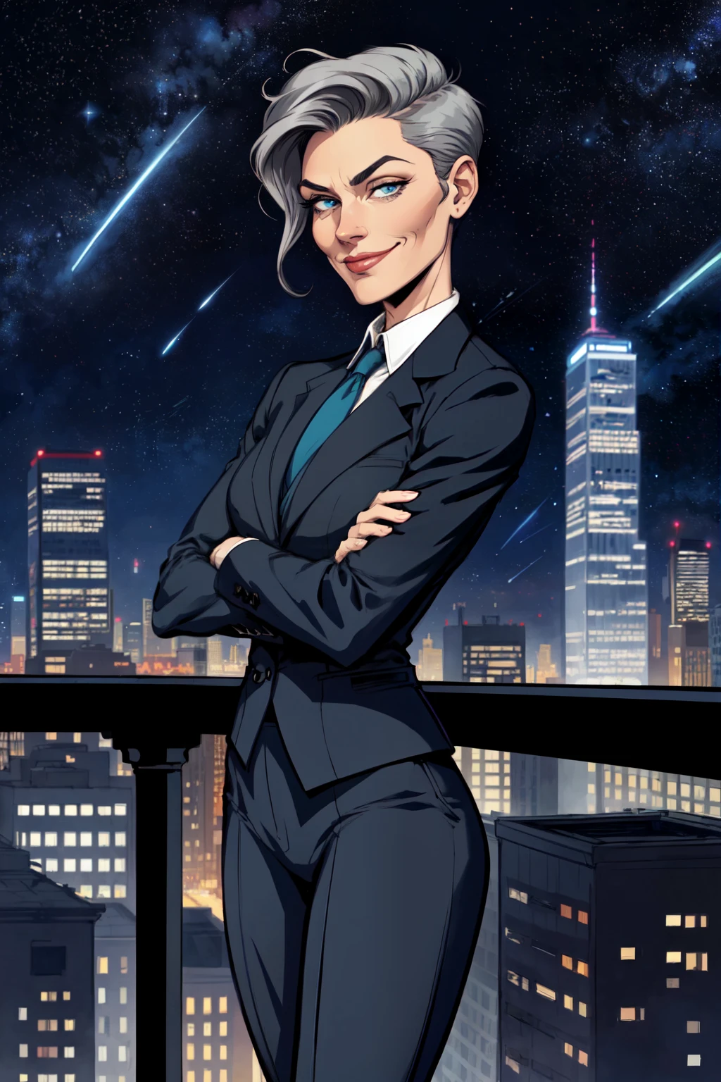 flat colors, cowboy shot, illustrated image from the side of an old businesswoman, posing on the balcony of a skyscraper, overlooking the city at night, greying hair, chopped hairstyle, wearing tailored business suit, looking confident, professional smirk, arms crossed, perfect eyes, striking, starry sky, highly detailed face, perfect eyes, perfect hands