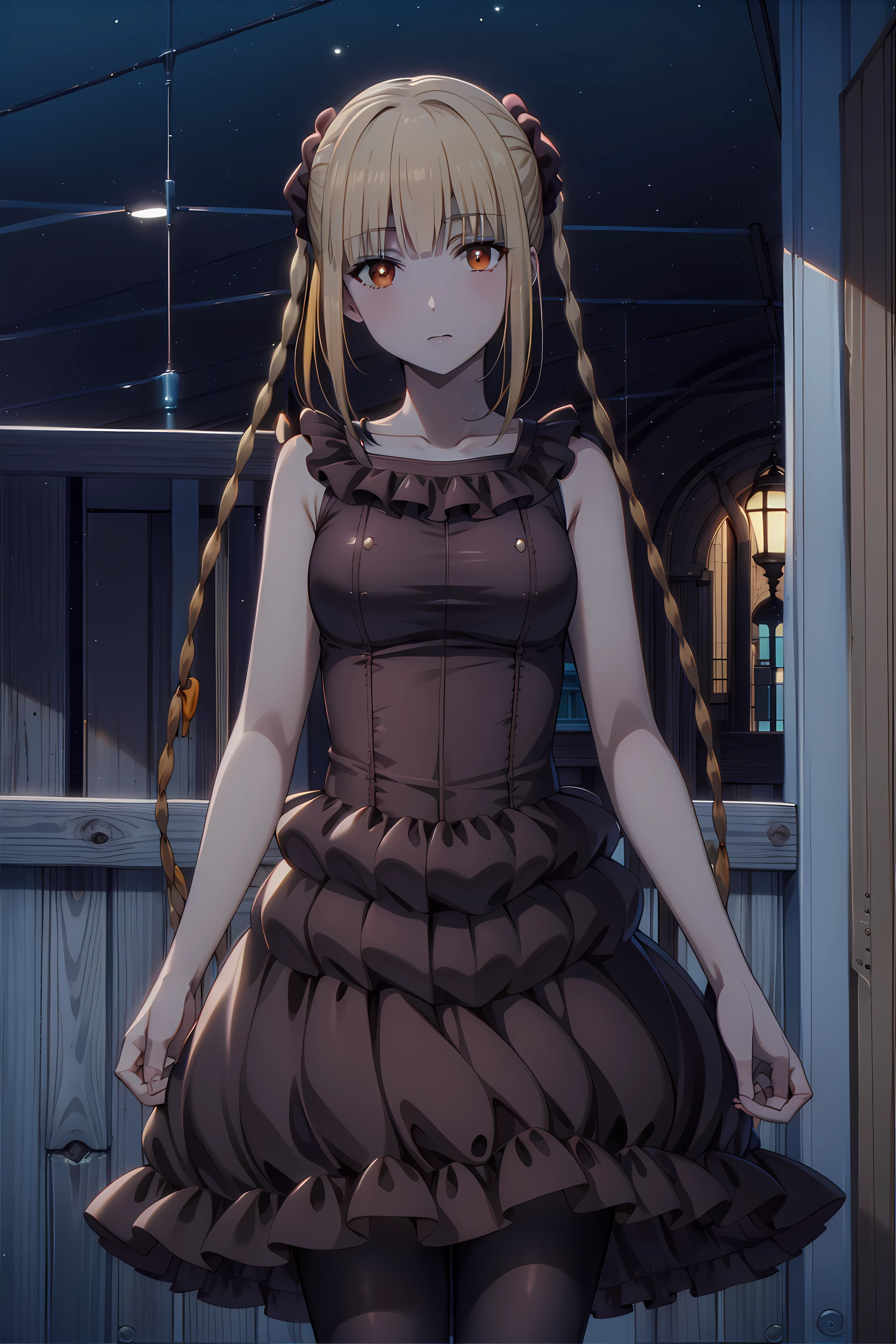best quality, masterpiece, detailed,
<lora:DarwinsGame_KarinoShuka:0.8>, KarinoShuka,
solo, closed mouth,
blonde hair, orange eyes, glowing eyes, long hair, twin braids, hair scrunchie, hair bow,
ShukaDress, red dress, frilled dress, sleeveless, black pantyhose,
standing, looking at the viewer,
indoors, night, <lora:style_night:0.5>