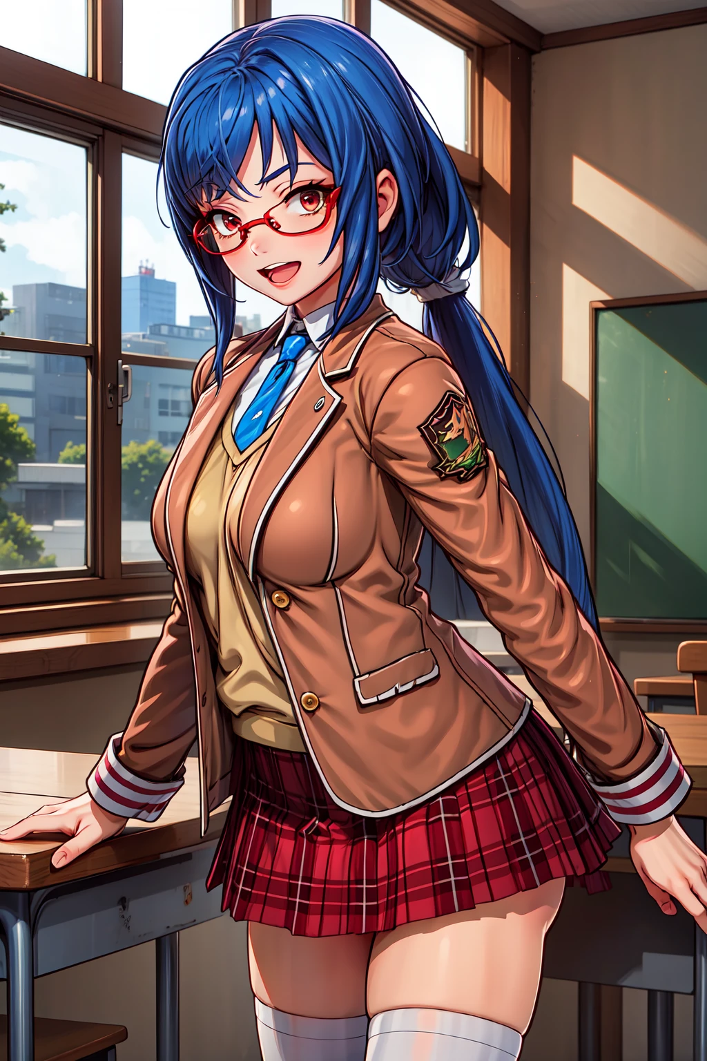 1girl, cowboy shot, smile, classroom, standing, open mouth,
bg_minagi, red eyes, blue hair, long hair, low ponytail, bangs, red-framed eyewear, school uniform, brown jacket, blazer, necktie, long sleeves, shirt, plaid skirt, white thighhighs, <lora:BG_minagi_lora_ver2:0.7>, best quality, masterpiece, highres, <lora:GoodHands-vanilla:1>