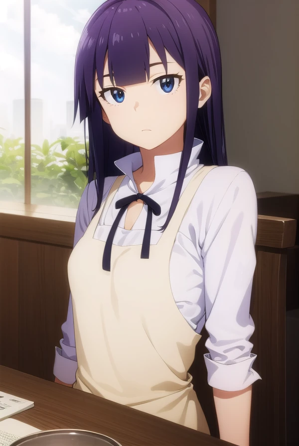 aoiyamada, <lora:aoi yamada s2-lora-nochekaiser:1>,
aoi yamada, long hair, (purple eyes:1.1), purple hair, blunt bangs,
BREAK apron, waitress,
BREAK indoors, restaurant,
BREAK looking at viewer, (cowboy shot:1.5),
BREAK <lyco:GoodHands-beta2:1>, (masterpiece:1.2), best quality, high resolution, unity 8k wallpaper, (illustration:0.8), (beautiful detailed eyes:1.6), extremely detailed face, perfect lighting, extremely detailed CG, (perfect hands, perfect anatomy),