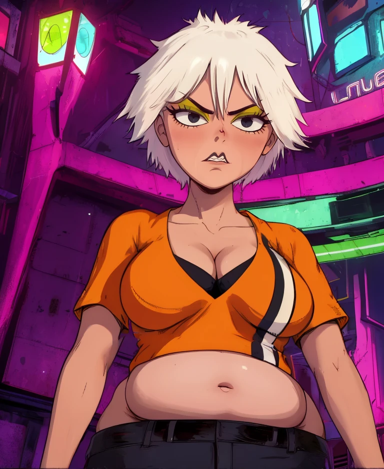 Gaz,white hair,black eyes,short hair,green eyeshadow,white lipstick,drunk,
orange shirt,cleavage,midriff,from below,black short,
fat belly,standing,
science fiction,neon lights,bar,
(insanely detailed, beautiful detailed face, masterpiece, beautiful detailed eyes, best quality),solo,<lora:GazDigzy:0.8>,