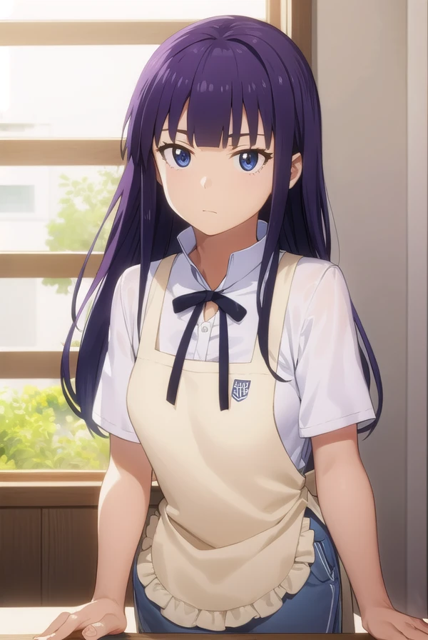 aoiyamada, <lora:aoi yamada s2-lora-nochekaiser:1>,
aoi yamada, long hair, (purple eyes:1.1), purple hair, blunt bangs,
BREAK apron, waitress,
BREAK indoors, restaurant,
BREAK looking at viewer, (cowboy shot:1.5),
BREAK <lyco:GoodHands-beta2:1>, (masterpiece:1.2), best quality, high resolution, unity 8k wallpaper, (illustration:0.8), (beautiful detailed eyes:1.6), extremely detailed face, perfect lighting, extremely detailed CG, (perfect hands, perfect anatomy),