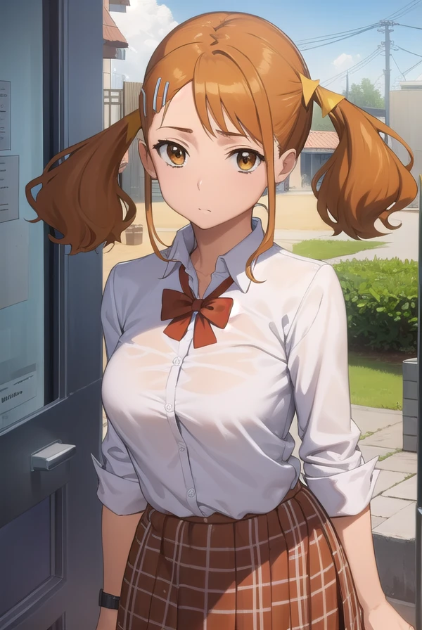 narukoanjou, <lora:naruko anjou s1-lora-nochekaiser:1>,
naruko anjou, orange hair, twintails, (brown eyes:1.7), hair ornament, star ornament, hair clip,
BREAK skirt, bow, school uniform, sleeves rolled up, red bowtie, shirt, white shirt, collared shirt, (red skirt:1.5),
BREAK outdoors, house, fields, grass, sky, sun, clouds,
BREAK looking at viewer, (cowboy shot:1.5),
BREAK <lyco:GoodHands-beta2:1>, (masterpiece:1.2), best quality, high resolution, unity 8k wallpaper, (illustration:0.8), (beautiful detailed eyes:1.6), extremely detailed face, perfect lighting, extremely detailed CG, (perfect hands, perfect anatomy),