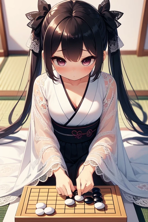 (((masterpiece))),  (((best quality))),  go weiqi,  putting down chess piece,  ((large square chessboard)),  ((white lace kimono)),  tatami room,  backyard,  big tits,  ribbon,  twintails,  petite figure proportion,  shy,  blush,<lora:EMS-256052-EMS:1.000000>