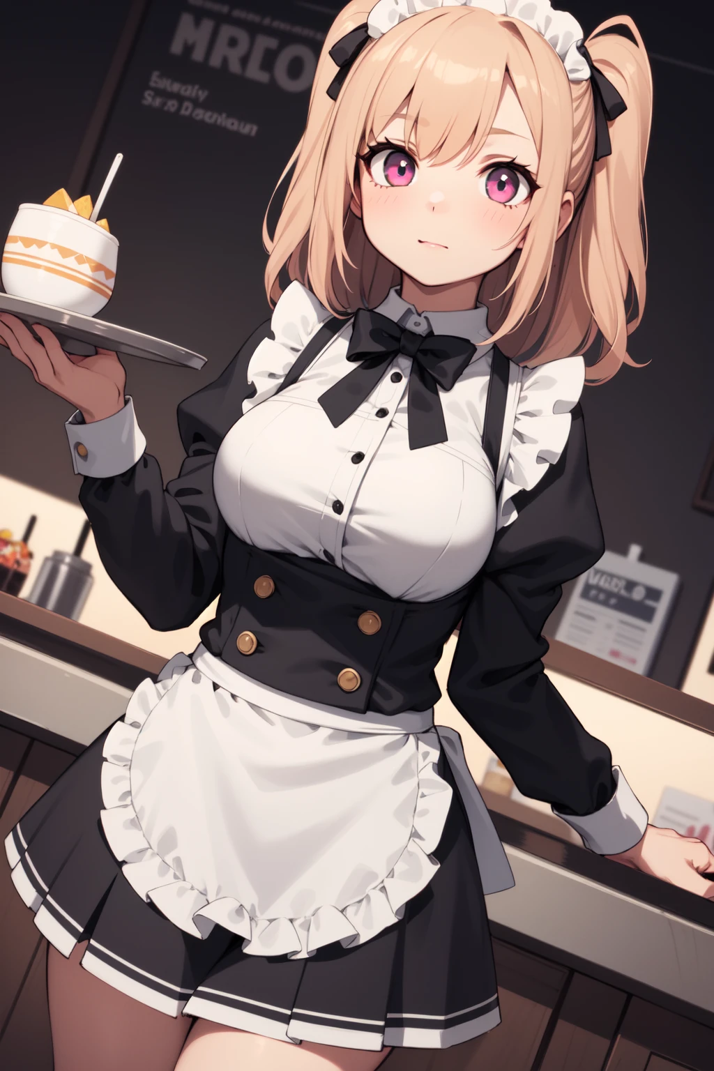 1girl, one side up, waitress, dutch angle