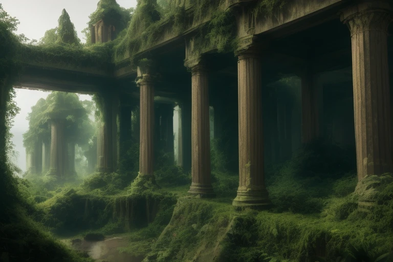 An abandoned overgrown ancient city in the middle of the jungle