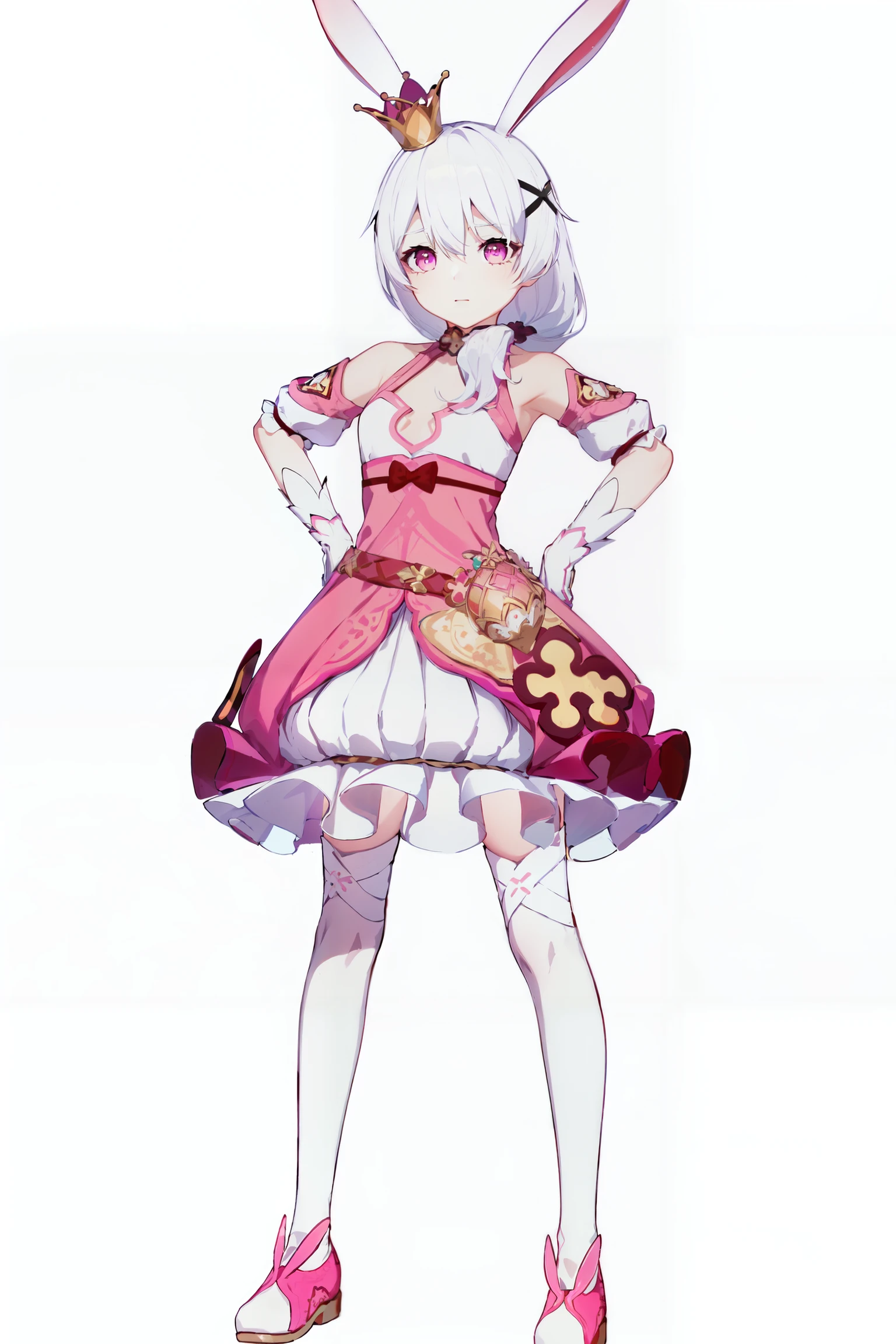 8k, best quality, masterpiece, (ultra-detailed:1.1), (high detailed skin),
(full body:1.3), white background, standing, looking at viewer, (solo:1.4), hand on hip,
<lora:trr-v100:0.8:lbw=OUTALL>,trr, rabbit ears, pendant, 1girl, pink eyes, crown, theresa apocalypse, animal ears, gloves, bangs, white gloves, side ponytail, thighhighs, bare shoulders, white hair, pink dress, hair between eyes,
(white background, simple background:1.6),
(beautiful_face), ((intricate_detail)), clear face,
((finely_detailed)), fine_fabric_emphasis,
((glossy)), full_shot,