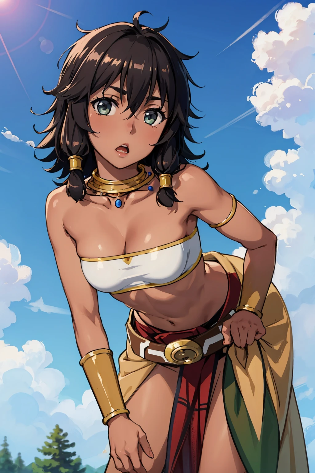 masterpiece, best quality, <lora:tiona-nvwls-v1-000009:0.9> tiona hiryute, dark skin, necklace, white bandeau, belt, sarong, bracer, leaning forward, from below, sky, :o, looking at viewer, cleavage