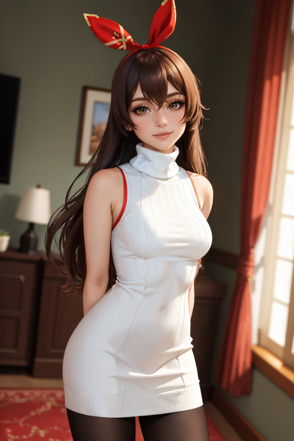 (masterpiece, best quality:1.2), solo, 1girl, amberrnd, smile, looking at viewer, arms behind back, hair ribbon, white sweater dress, turtleneck, sleeveless, black pantyhose, bare shoulders, indoors, living room <lora:genshinimpact_amber-17:1>