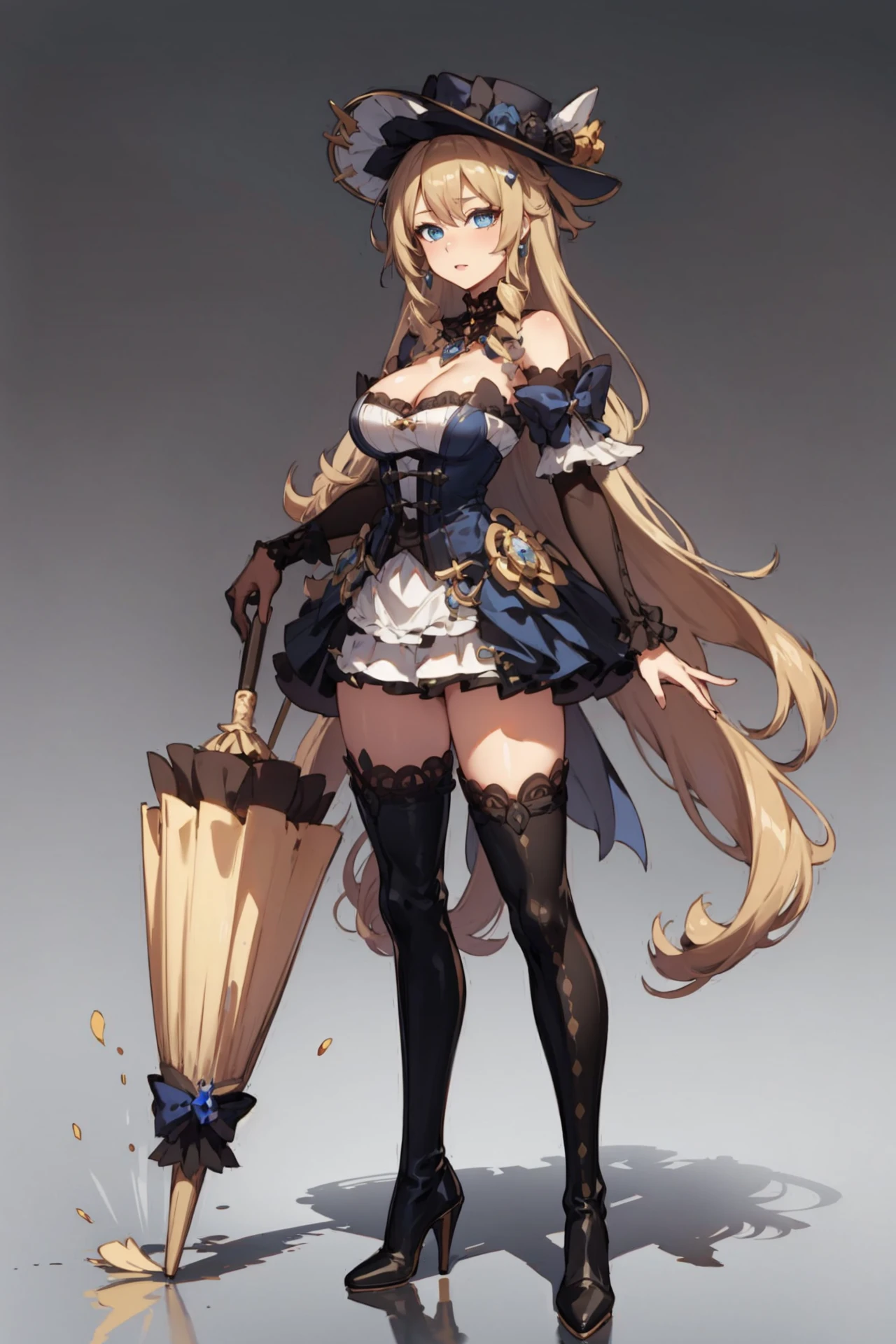 (high quality, best quality),
1girl, perfect face,
Navia, blond hair, long hair, frilled hair, blue eyes, neck ornament, hat, corset dress, cleavage,
<lora:Navia__Genshin_Impact-000011:0.8> thighhigh boots, high heels, standing, full body, umbrella