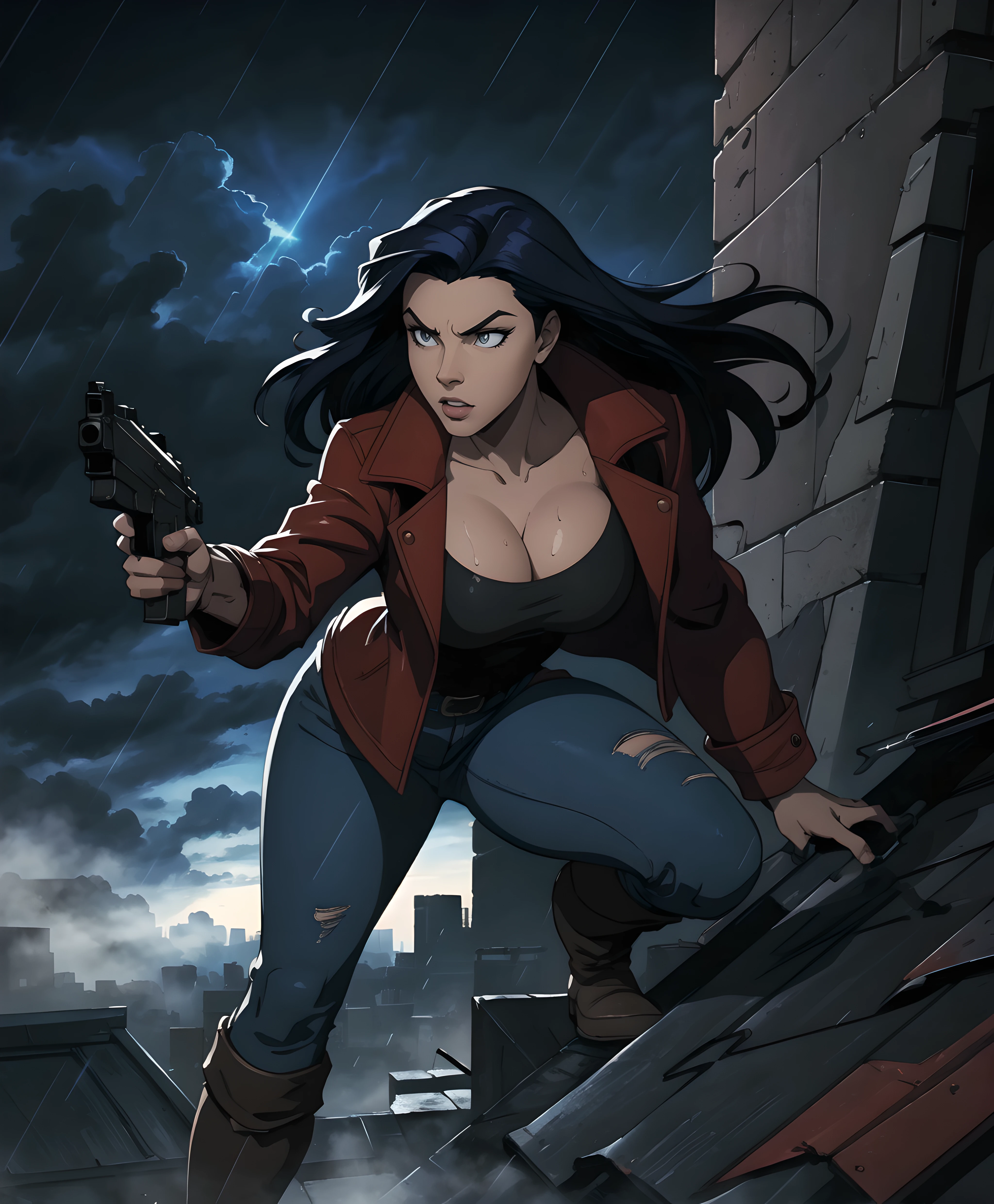 (masterpiece:1.4),(best quality:1.4),(highres:1.4),absurdres, intricate details,(highly detailed skin:1.2), 1girl, solo, red jacket, jeans,black boots, large breasts, cleavage,
(movie composition), amazing composition, depth of field, indirect lighting, ambient lighting, (random colors), (dynamic colors), (dynamic weather), upper body,
outdoors, night, night_sky, rooftop, gargoyle statue, action, holding gun, handgun,
rain, wet, steam, fog,