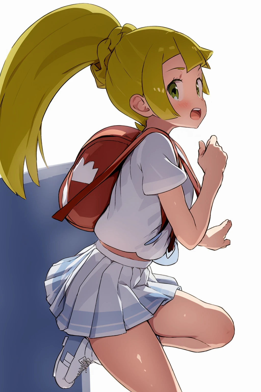 HD, high quality, high resolution, ultrahd, Kanzaki Urumi, wearing default outfit, , blue skirt, default hair, blonde hair, tall body, farting, fart, yellow fart, massive fart, velocity, farts, yellow smoke, clenching teeth, bending over, leaning, hand on tummy, farts, farts from ass, viewing ass