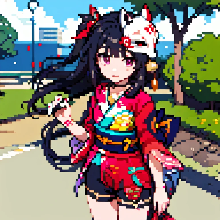 an extremely delicate and beautiful girl,8k wallpaper,masterpiece,outdoors,city,sparkl,red eyes,hair ornament,kimono,detached sleeves,heart tattoo,neck bell,shorts,full body,looking at viewer,standing,mask on head