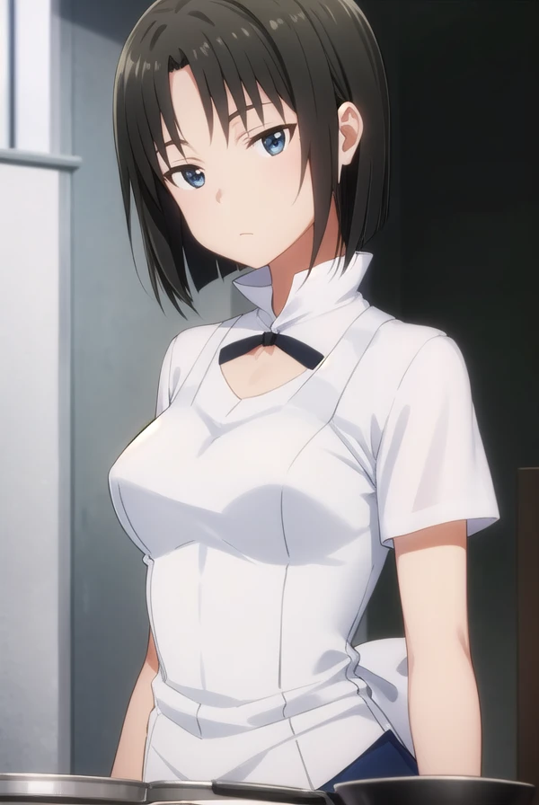 kyoukoshirafuji, <lora:kyouko shirafuji s2-lora-nochekaiser:1>,
kyouko shirafuji, short hair, black hair, (black eyes:1.5),
BREAK apron, waitress,
BREAK indoors, restaurant,
BREAK looking at viewer, (cowboy shot:1.5),
BREAK <lyco:GoodHands-beta2:1>, (masterpiece:1.2), best quality, high resolution, unity 8k wallpaper, (illustration:0.8), (beautiful detailed eyes:1.6), extremely detailed face, perfect lighting, extremely detailed CG, (perfect hands, perfect anatomy),