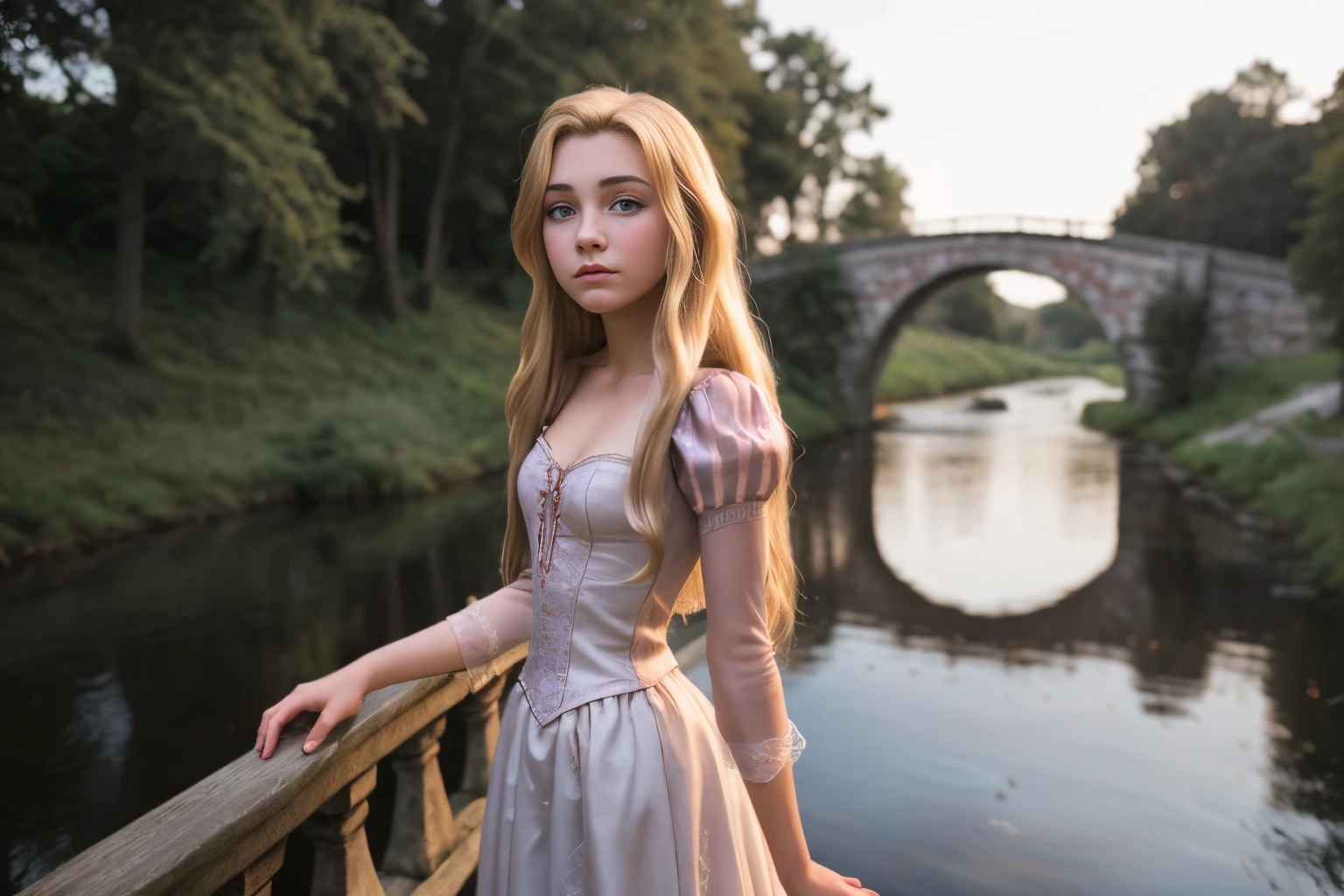 cinematic portrait of close-up photo of photograph of a 18 year old woman, rapunzel-tngl, standing ontop of a small bridge over a fairytale style bridge <lora:rapunzel-tngl-v1.1-000004:0.7>. Detailed, intimate, clear, personal. 85mm lens, f/1.8, dramatic side lighting, moody atmosphere