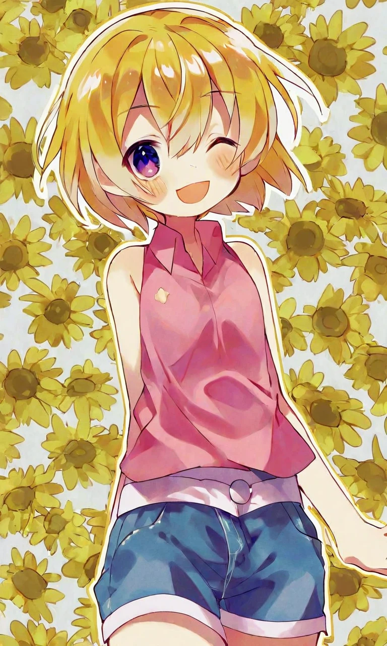 by uenomigi, houjou satoko, higurashi no naku koro ni, 1girl, ;d, backlighting, blonde hair, blush, collared shirt, denim, denim shorts, eyelashes, eyes visible through hair, fang, floral background, flower, hair between eyes, happy, looking at viewer, one eye closed, open mouth, outstretched arms, pink shirt, purple eyes, shirt, short hair, shorts, simple background, skin fang, sleeveless, sleeveless shirt, smile, solo, tsurime, white background, yellow flower, <lora:sdxl - Char - Houjou Satoko - Bionagato>