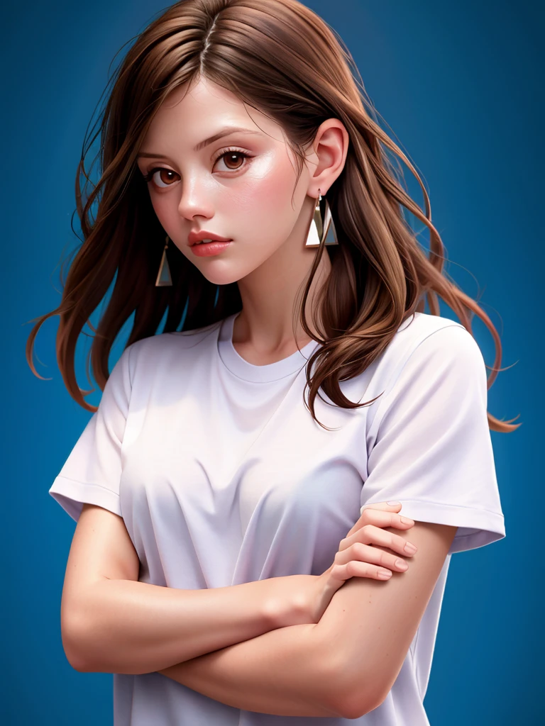 Realistic photo of a beautiful m14g woman,1girl,solo,long hair,looking at viewer,brown hair,shirt,brown eyes,jewelry,closed mouth,white shirt,upper body,short sleeves,earrings,lips,blue background,crossed arms,realistic, soft lighting, professional Photography, Photorealistic, detailed, RAW, analog, sharp focus, 8k, HD, high quality, masterpiece<lora:m14g:1.0>