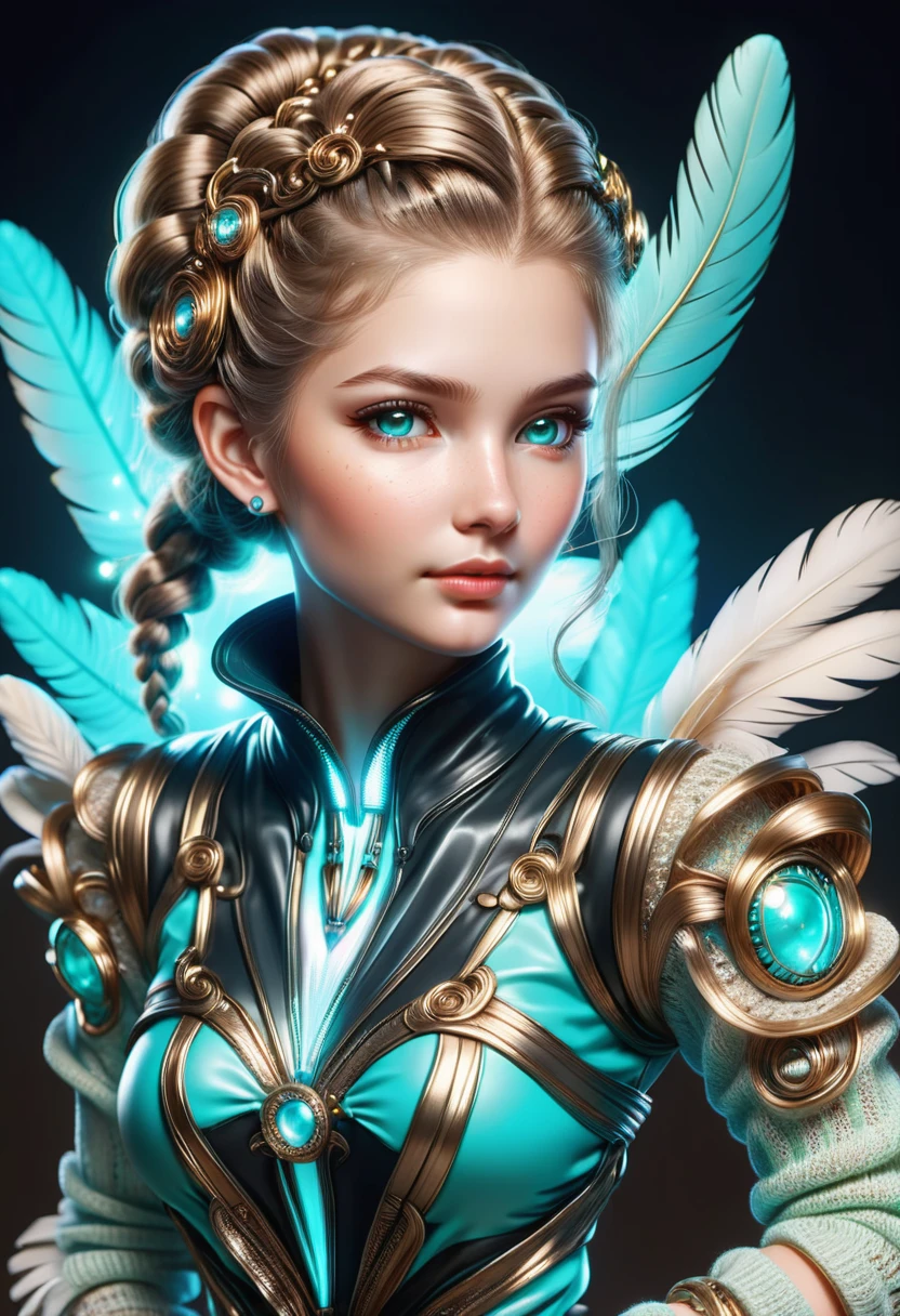 hyper detailed masterpiece, dynamic, awesome quality, DonMSt33lM4g1cXL female young adult, solid, scandinavian, light brown eyes, defined cheeks, oblong face shape, shapely hamstrings, , aqua dutch braid hair, happiness wearing bronzete ruffled wrap-style pants, ribbed sweater, heels, feather fascinator with netting, , hands on cheeks, displaying surprise, nursing homes, cob, luminescent deep-sea creatures, black lights <lora:DonMSt33lM4g1cXL-v1.1-000008:1>