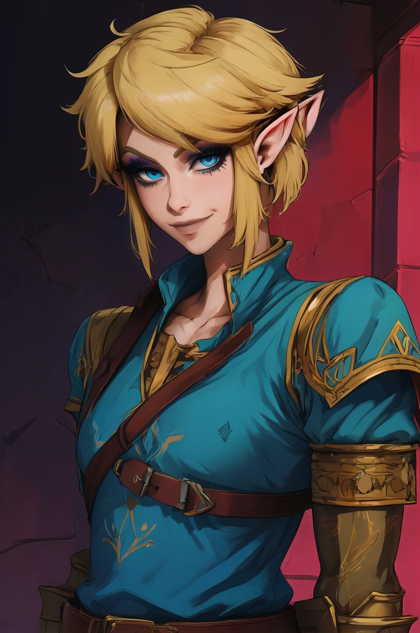 Link,short blond hair,pointy ears, blue eyes,  light makeup,
LGear,belt,bridal gauntlets, blue tunic,
mercenary tavern,
(insanely detailed, beautiful detailed face, masterpiece, best quality) standing, upper body, smiling,
<lora:Link:0.7>