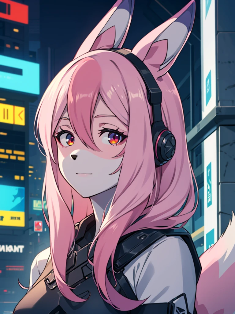 1 girl,furry,fox girl,furry female,fox ears, animal ears, nazuna_hiwatashi, pink hair,long hair, red eyes, hair between eyes, (animal nose, triangle shaped nose), (tail), (high quality, best quality, (4k), hi res, masterpiece, beautiful, high details), happy, looking at viewer, (cyberpunk,futuristic), city, night <lora:NazunaV2:0.8>