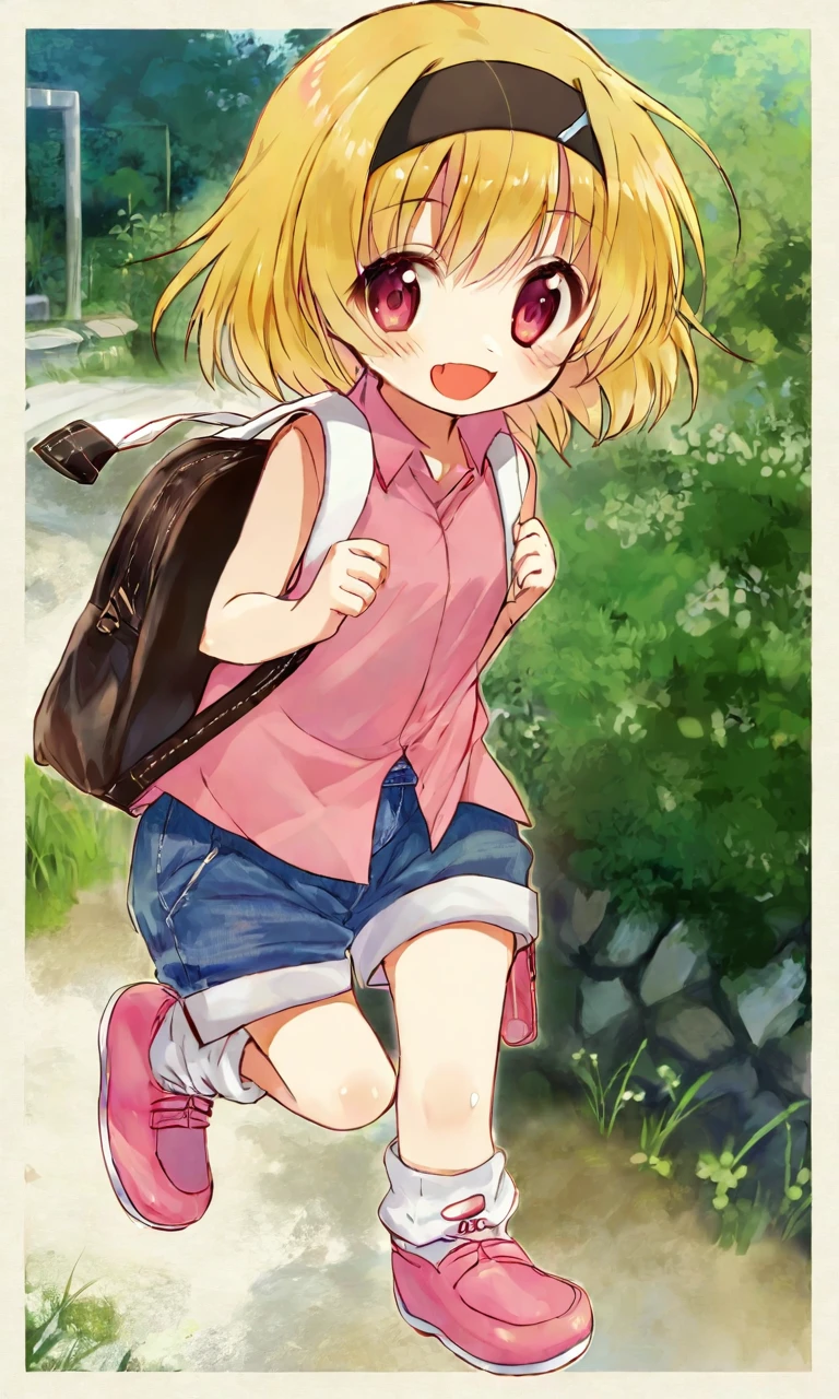 by tsubonari, houjou satoko, 1girl, :d, backpack, bag, black headband, blonde hair, blue shorts, chibi, denim, denim shorts, eyebrows hidden by hair, fang, happy, headband, open mouth, outdoors, pink eyes, pink footwear, pink shirt, red bag, shirt, shoes, short hair, shorts, sleeveless, sleeveless shirt, smile, socks, solo, yuunagi ryuuka, <lora:sdxl - Char - Houjou Satoko - Bionagato>