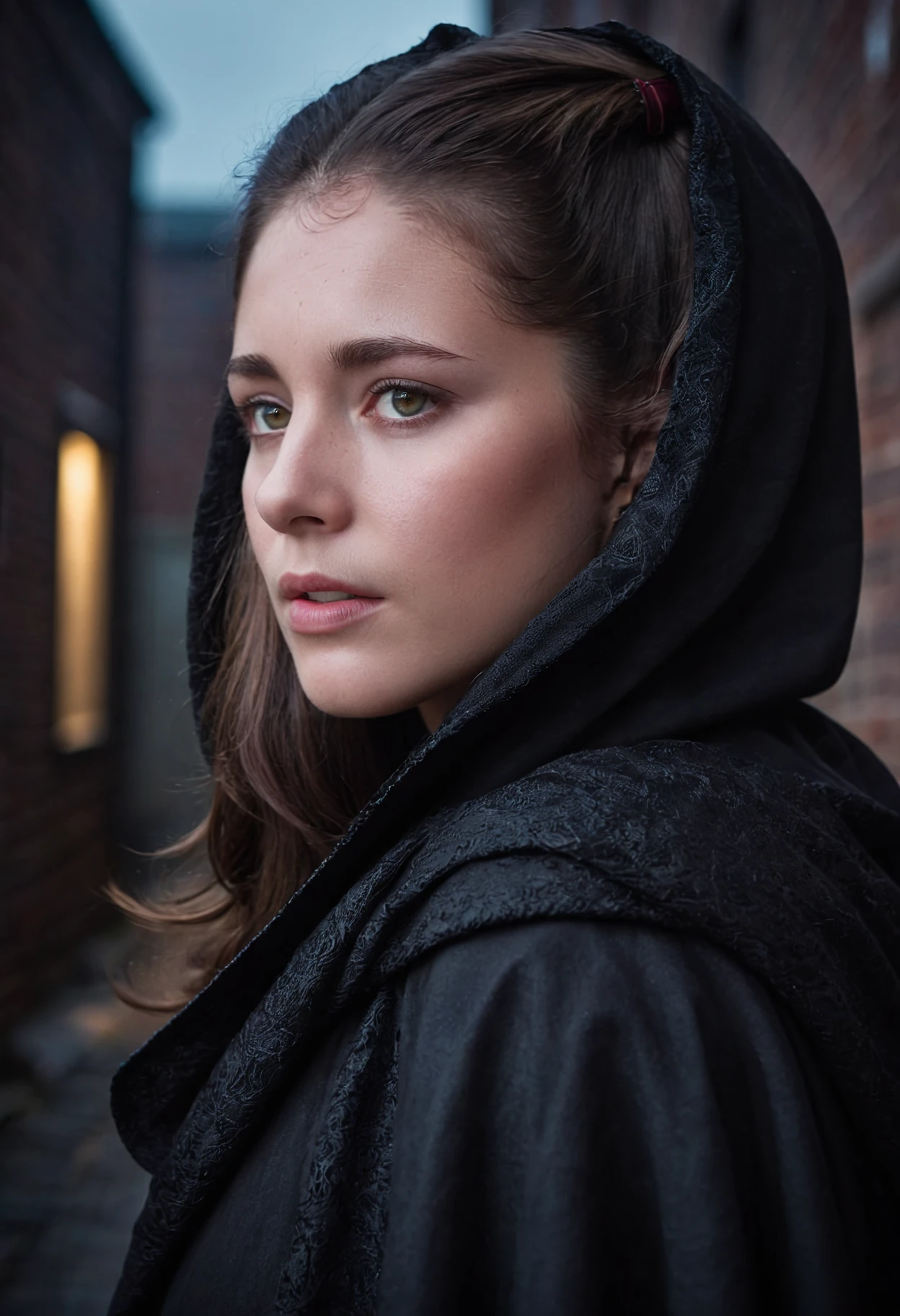 cinematic film still <lora:TawneeStone_SDXL_v1.0:1> a ((ohwx woman)) A mysterious figure in a dark cloak stands in a dimly lit alleyway, surrounded by shadows and mist, a look of secrecy and intrigue on their face, a sense of mystery and danger, a telephoto lens capturing the enigmatic atmosphere, a deep depth of field, a feeling of suspense and unease, (close-up), (mysterious), a scene evoking a thriller or horror movie, profile, looking up towards the sky, (face focus), (shadowy hair), (ominous), (eyes gleaming), half-closed eyes, central composition, from below. . shallow depth of field, vignette, highly detailed, high budget, bokeh, cinemascope, moody, epic, gorgeous, film grain, grainy