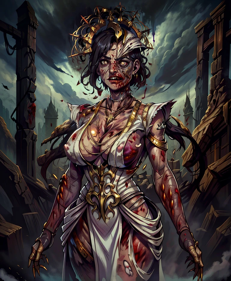 theplague,black hair,white eyes,short hair,
jewelry,necklace,white dress,gold trim,injury,cleavage,covered nipples,
standing,upper body,large breasts,large helmet,angry,
horror \(theme\),blood,decay,flesh,exposed flesh,scar on face,
night,temple,
(insanely detailed, masterpiece, best quality),solo,<lora:theplague:0.9>,