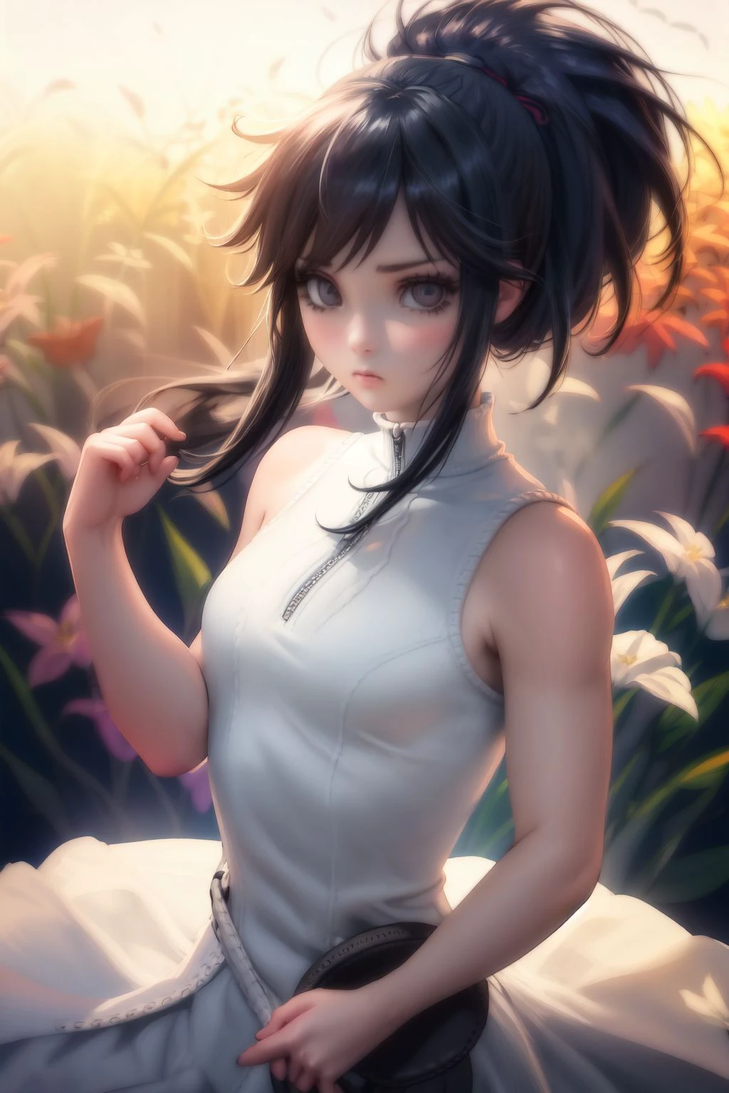 cowboy shot, solo, 1girl, :/, black hair, folded ponytail, beige eyes, light grey sleeveless shirt, Hanging_Helicona \(flower\), floral background <lora:Sakimichan_style_v01:1>