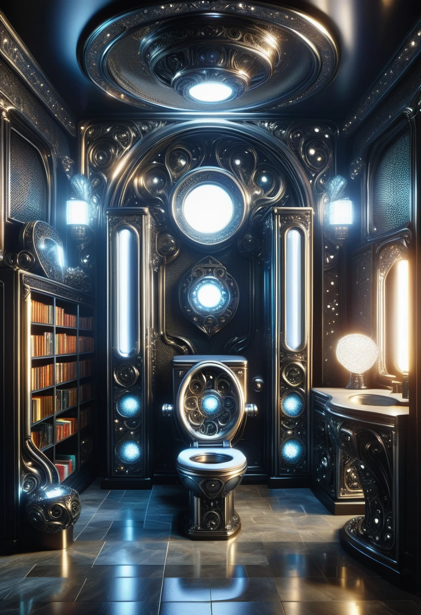 hyper detailed masterpiece, dynamic, awesome quality, DonMSt33lM4g1cXL library/reading room, television,hairdryer,nanotechnology devices,toilet paper,shelves, ceramic tiles,andesite stone, wall sconces, black lights, teslapunk, made of steel, shiny <lora:DonMSt33lM4g1cXL-v1.1-000008:1>