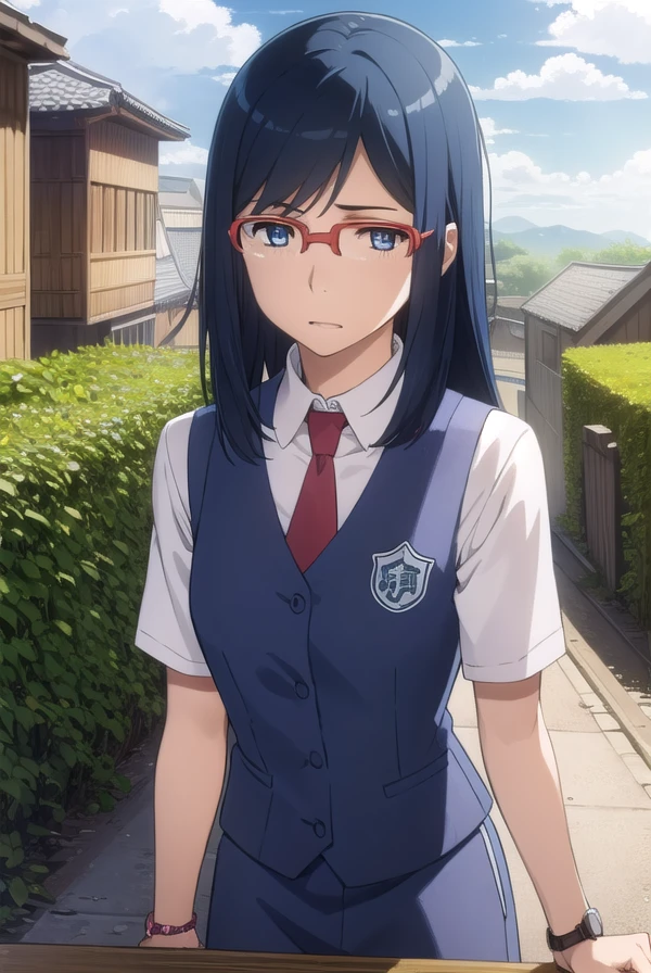 chirikotsurumi, <lora:chiriko tsurumi s1-lora-nochekaiser:1>,
chiriko tsurumi, long hair, blue eyes, blue hair, glasses, red-framed eyewear,
BREAK school uniform, necktie, watch, wristwatch,
BREAK outdoors, house, fields, grass, sky, sun, clouds,
BREAK looking at viewer, (cowboy shot:1.5),
BREAK <lyco:GoodHands-beta2:1>, (masterpiece:1.2), best quality, high resolution, unity 8k wallpaper, (illustration:0.8), (beautiful detailed eyes:1.6), extremely detailed face, perfect lighting, extremely detailed CG, (perfect hands, perfect anatomy),